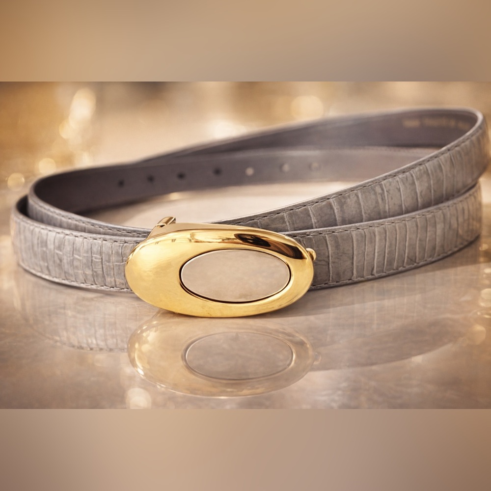 Grey Snakeskin Leather Thin Belt Gold And Silver Buckle